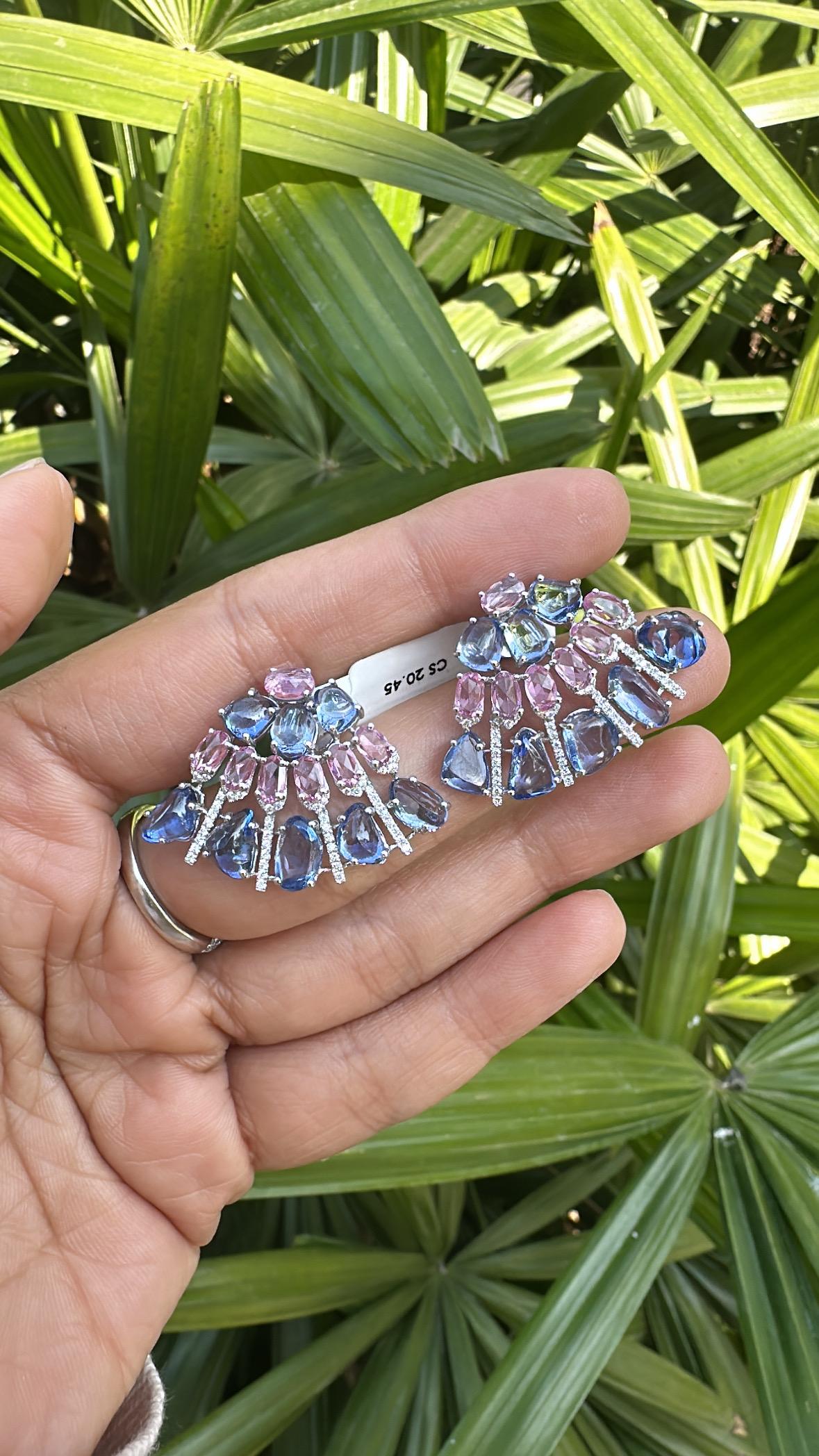 Modern Set in 18K white Gold, Blue Sapphires, Pink Sapphires & Diamonds Stud Earrings For Sale