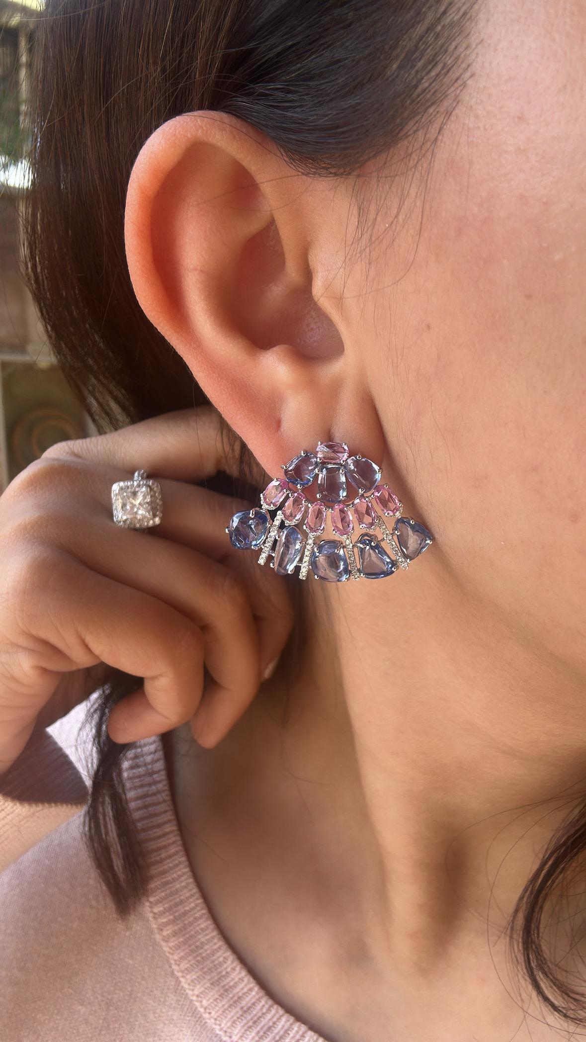 Rose Cut Set in 18K white Gold, Blue Sapphires, Pink Sapphires & Diamonds Stud Earrings For Sale
