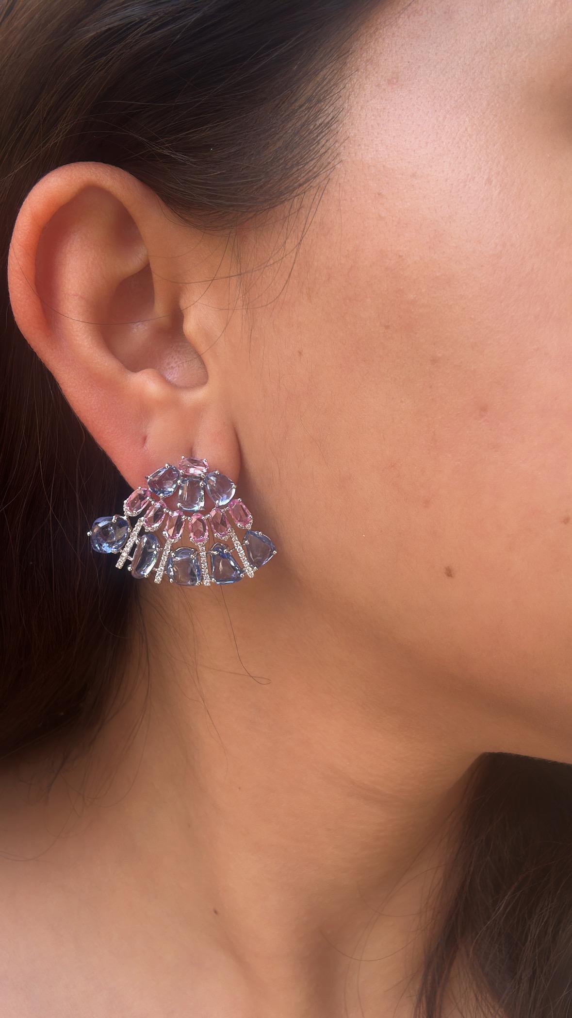 Women's or Men's Set in 18K white Gold, Blue Sapphires, Pink Sapphires & Diamonds Stud Earrings For Sale