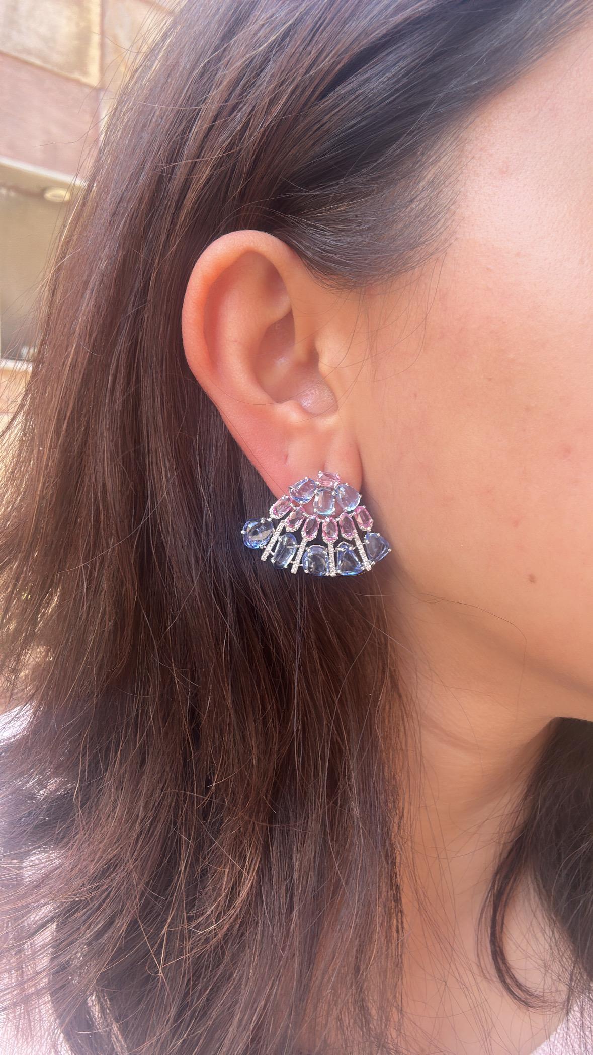 Set in 18K white Gold, Blue Sapphires, Pink Sapphires & Diamonds Stud Earrings For Sale 1