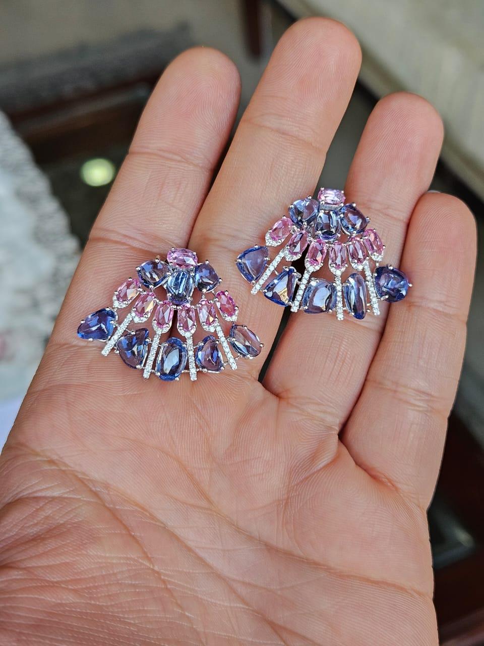 Set in 18K white Gold, Blue Sapphires, Pink Sapphires & Diamonds Stud Earrings For Sale 2