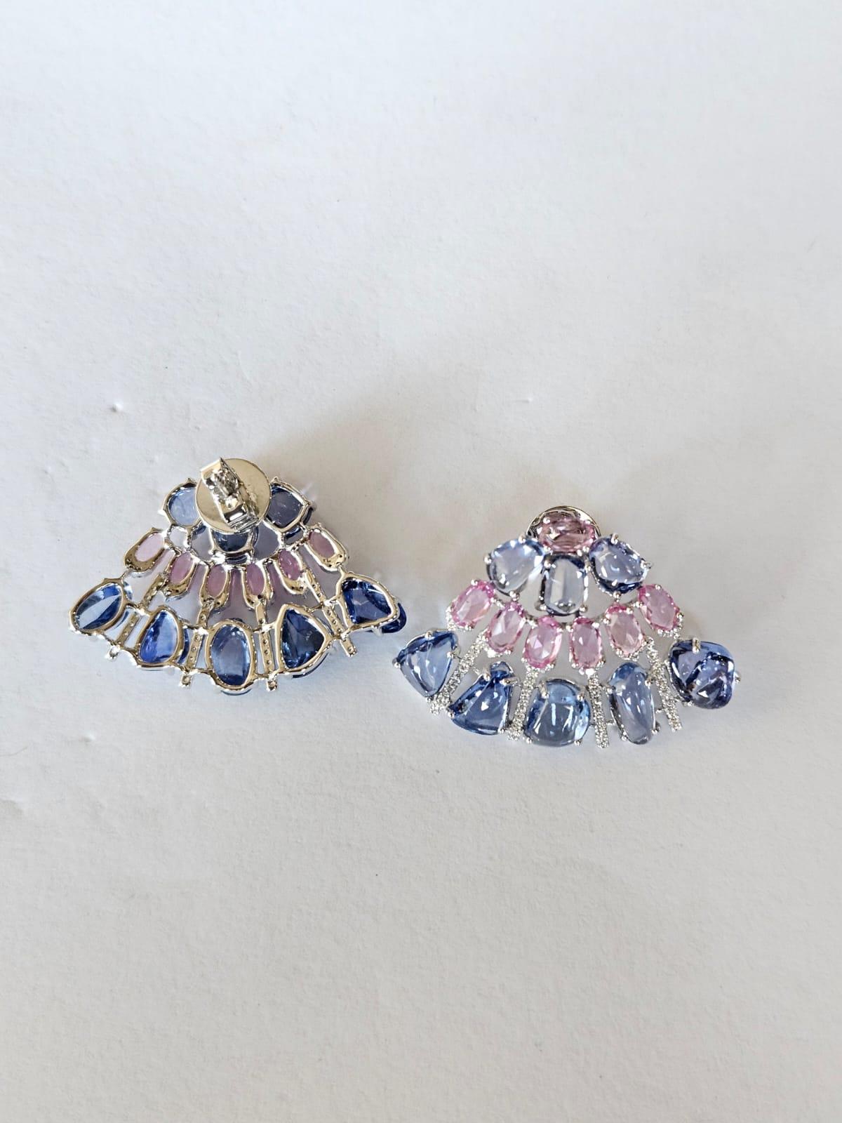 Set in 18K white Gold, Blue Sapphires, Pink Sapphires & Diamonds Stud Earrings For Sale 3