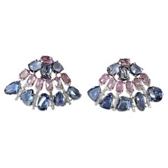 Set in 18K white Gold, Blue Sapphires, Pink Sapphires & Diamonds Stud Earrings