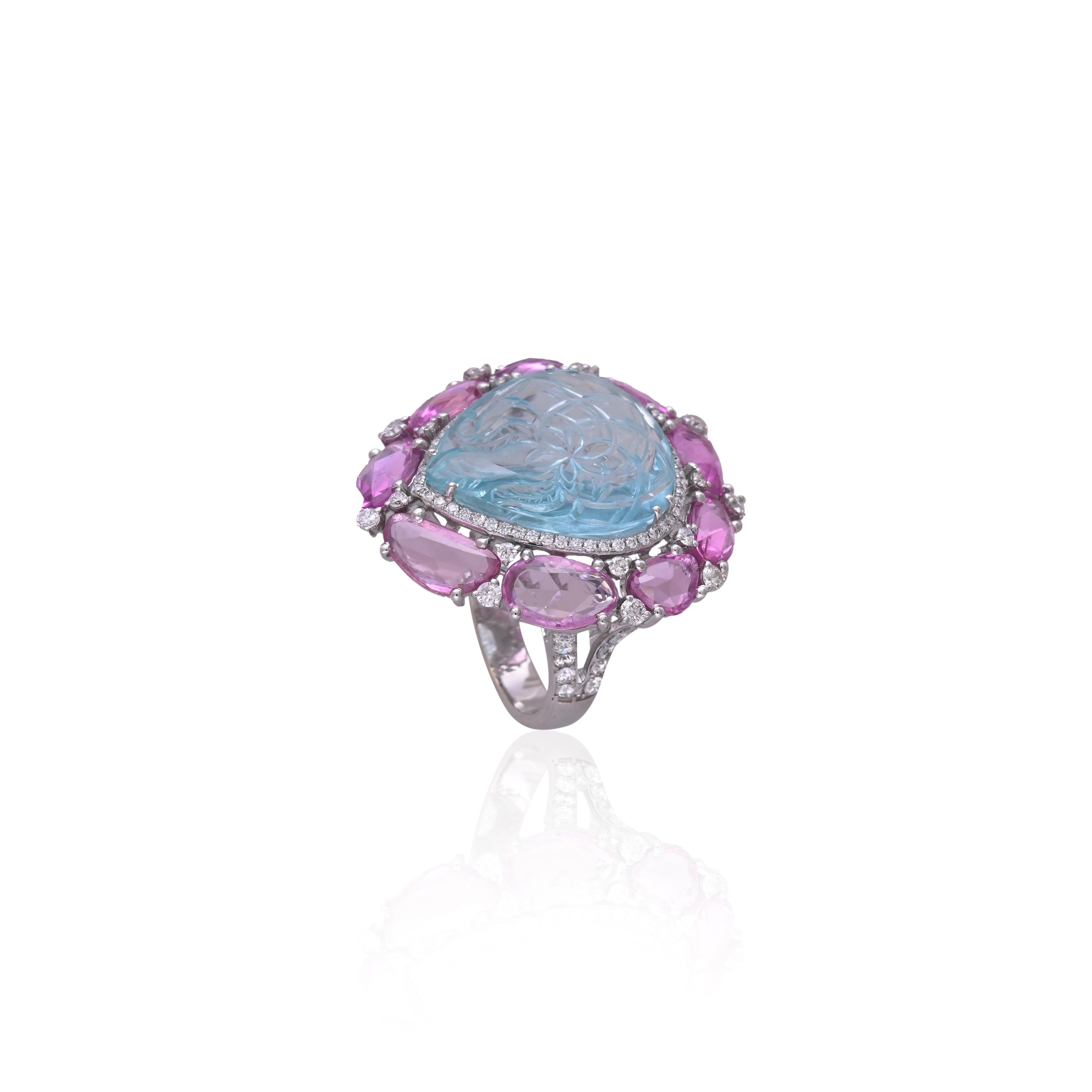 Anillo de Cóctel de Oro blanco de 18 quilates, Aguamarina tallada, Zafiros rosas y Diamantes en venta 10