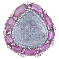Set in 18K white Gold, carved Aquamarine, Pink Sapphires & Diamond Cocktail Ring