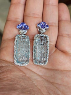 Set in 18K white Gold, carved Aquamarine, Tanzanite & Diamonds Dangle Earrings