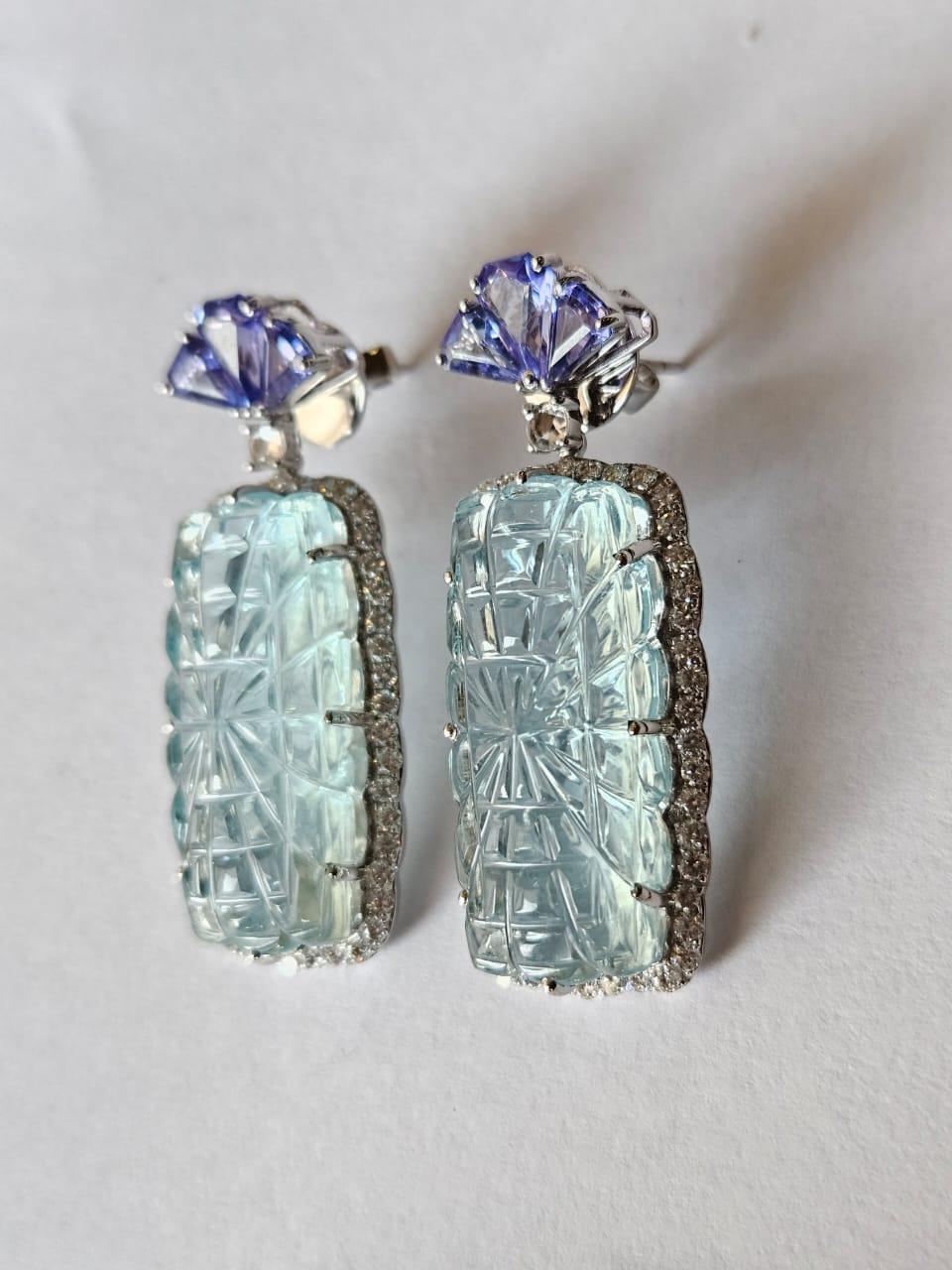 Trillion Cut Set in 18K white Gold, carved Aquamarine, Tanzanite & Diamonds Dangle Earrings