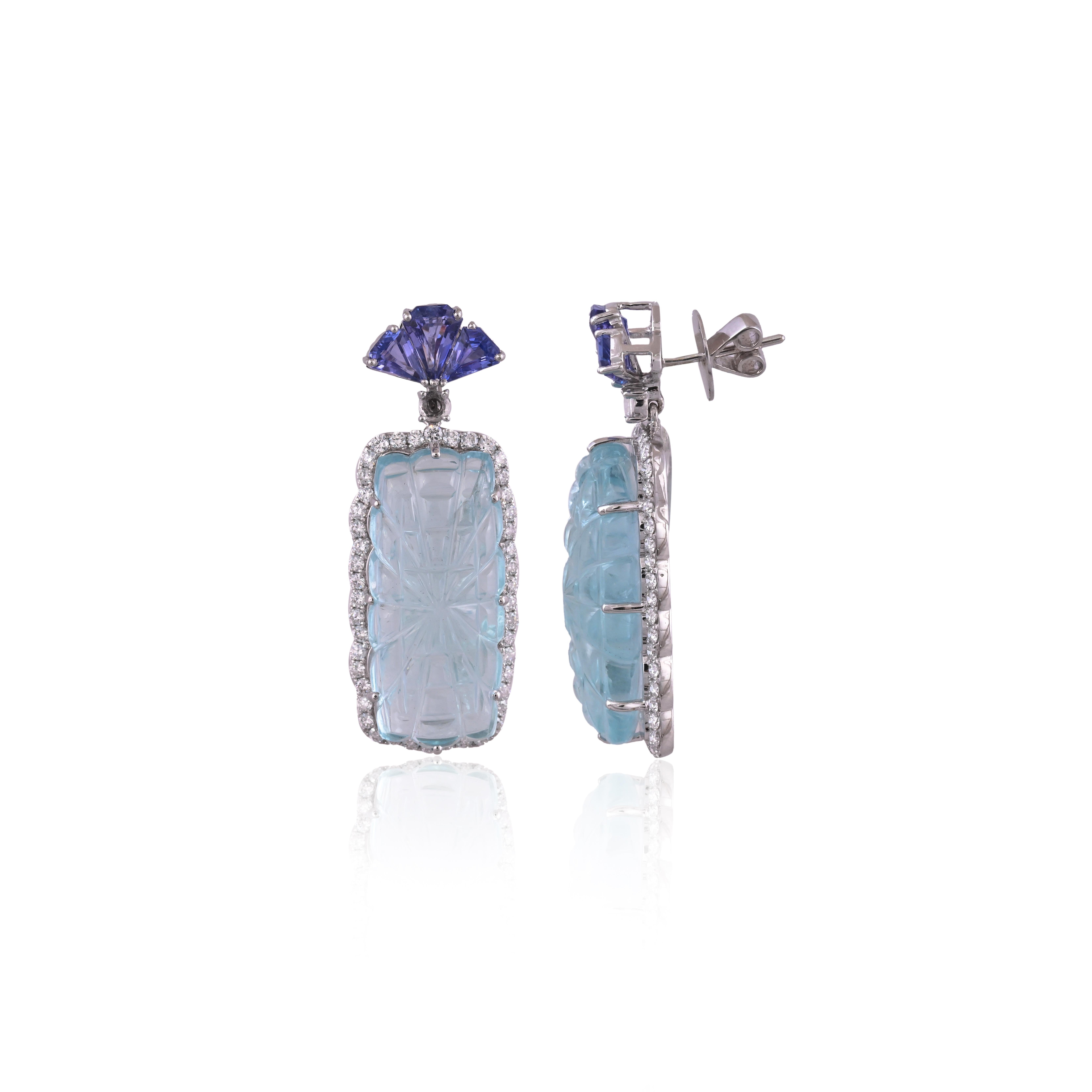 Women's or Men's Set in 18K white Gold, carved Aquamarine, Tanzanite & Diamonds Dangle Earrings