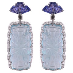 Set in 18K white Gold, carved Aquamarine, Tanzanite & Diamonds Dangle Earrings