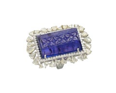 Set in 18 Karat White Gold, Carved Tazanite and Rose Cut Diamonds Cocktail Ring