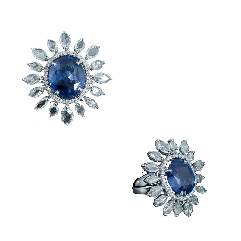Modern Set in 18 Karat Gold, Ceylon Blue Sapphire and Rose Cut Diamonds Cocktail Ring