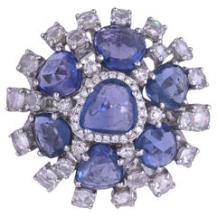 Set in 18K white Gold, Ceylon Blue Sapphires & Rose Cut Diamonds Cocktail Ring