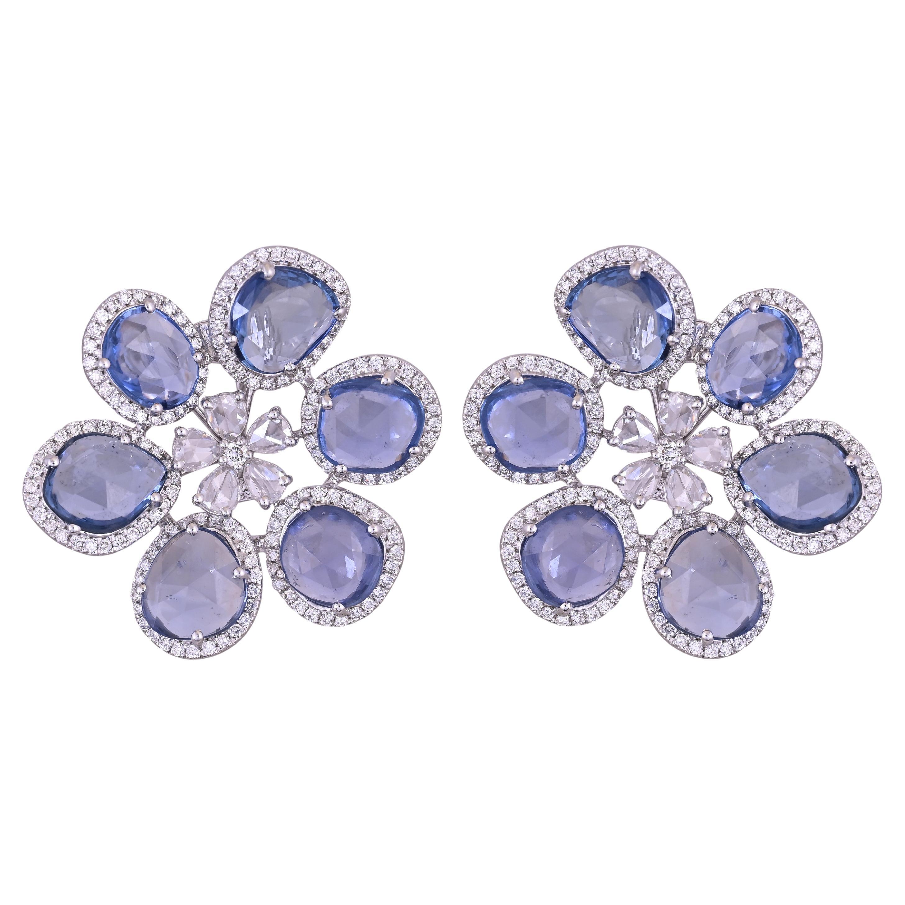 Set in 18K white Gold, Ceylon Blue Sapphires Rose Cuts & Diamonds Stud Earrings