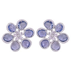 Set in 18K white Gold, Ceylon Blue Sapphires Rose Cuts & Diamonds Stud Earrings