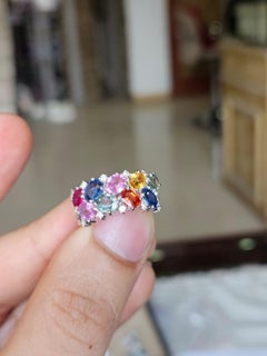 Set in 18K white Gold, Ceylon Multi Sapphires & Diamonds Band Engagement Ring