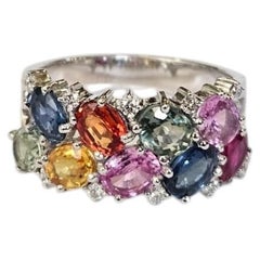 Set in 18K white Gold, Ceylon Multi Sapphires & Diamonds Band Engagement Ring