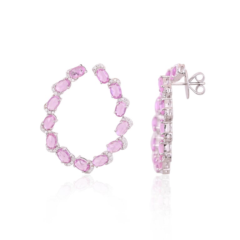 Set in 18K White Gold, Ceylon Pink Sapphire Rose Cuts and Diamonds Hoop