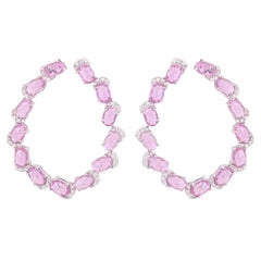Set in 18K White Gold, Ceylon Pink Sapphire Rose Cuts & Diamonds Hoop Earrings