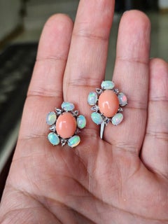 Set in 18K white Gold, Coral, Ethiopian Opals & Diamonds Rose Cut Stud Earrings