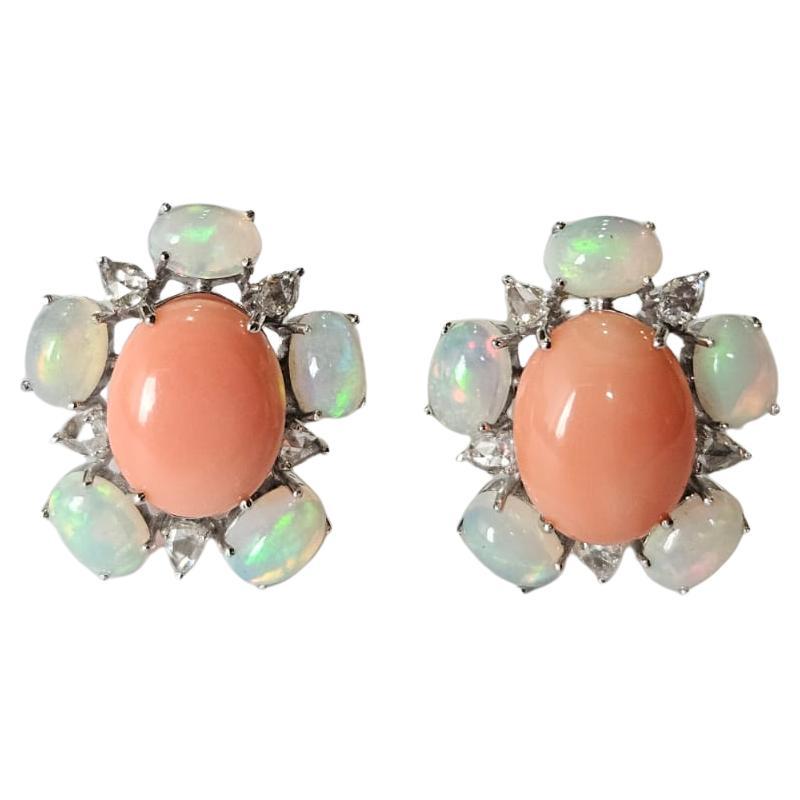 Set in 18K white Gold, Coral, Ethiopian Opals & Diamonds Rose Cut Stud Earrings