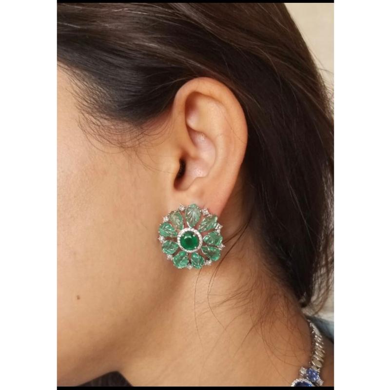 Modern Set in 18 Karat White Gold, Cut and Carved Emerald Stud Earrings with Diamonds
