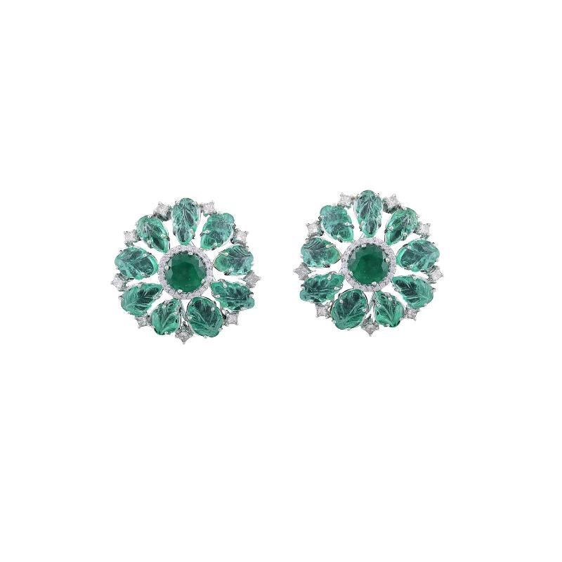 Round Cut Set in 18 Karat White Gold, Cut and Carved Emerald Stud Earrings with Diamonds