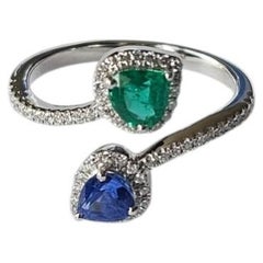 Set in 18K White Gold, Emerald, Blue Sapphire & Diamonds Engagement Ring