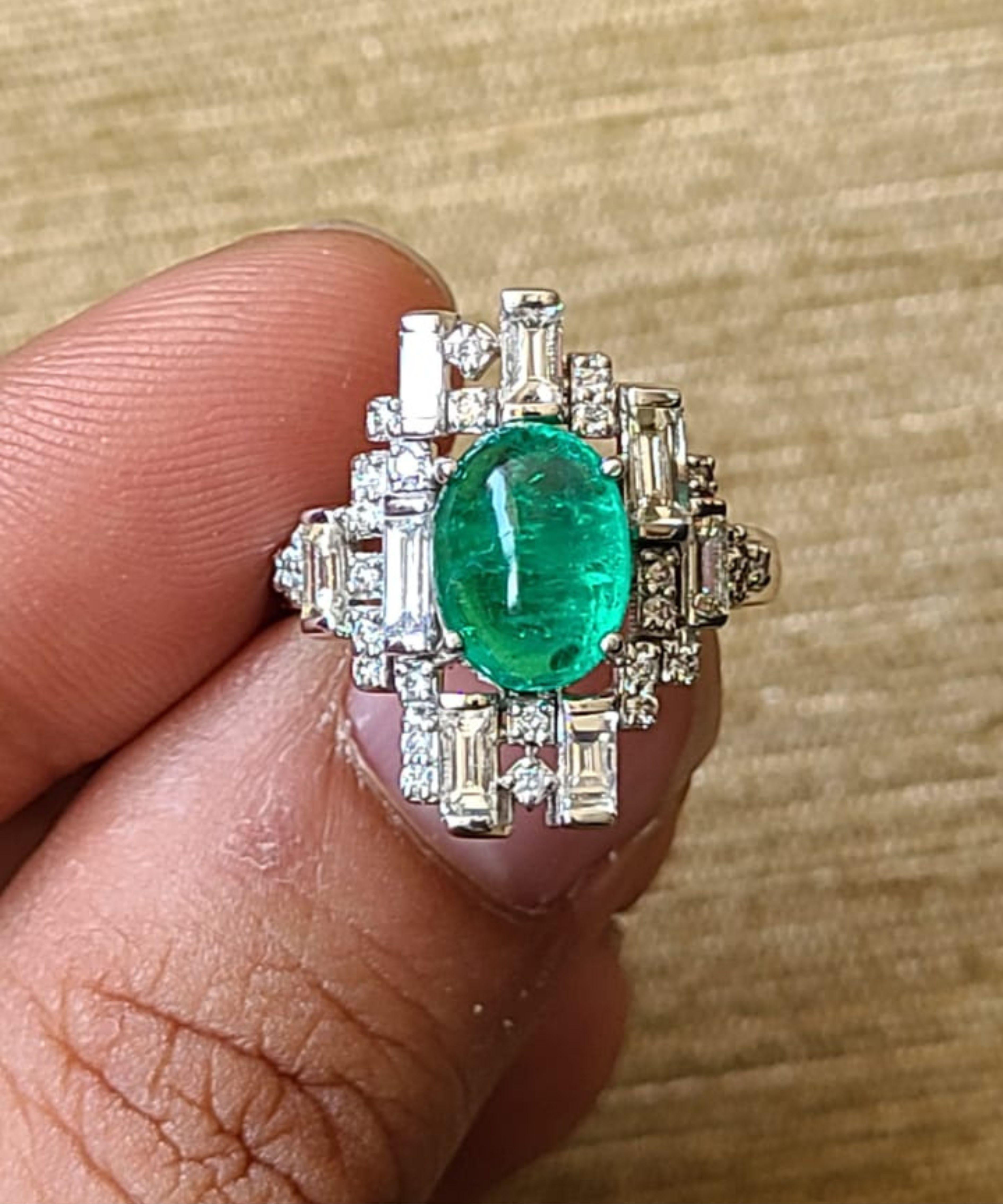 Cabochon  2.61carats natural Columbian Emerald & Diamonds, Art-Deco Style Engagement Ring