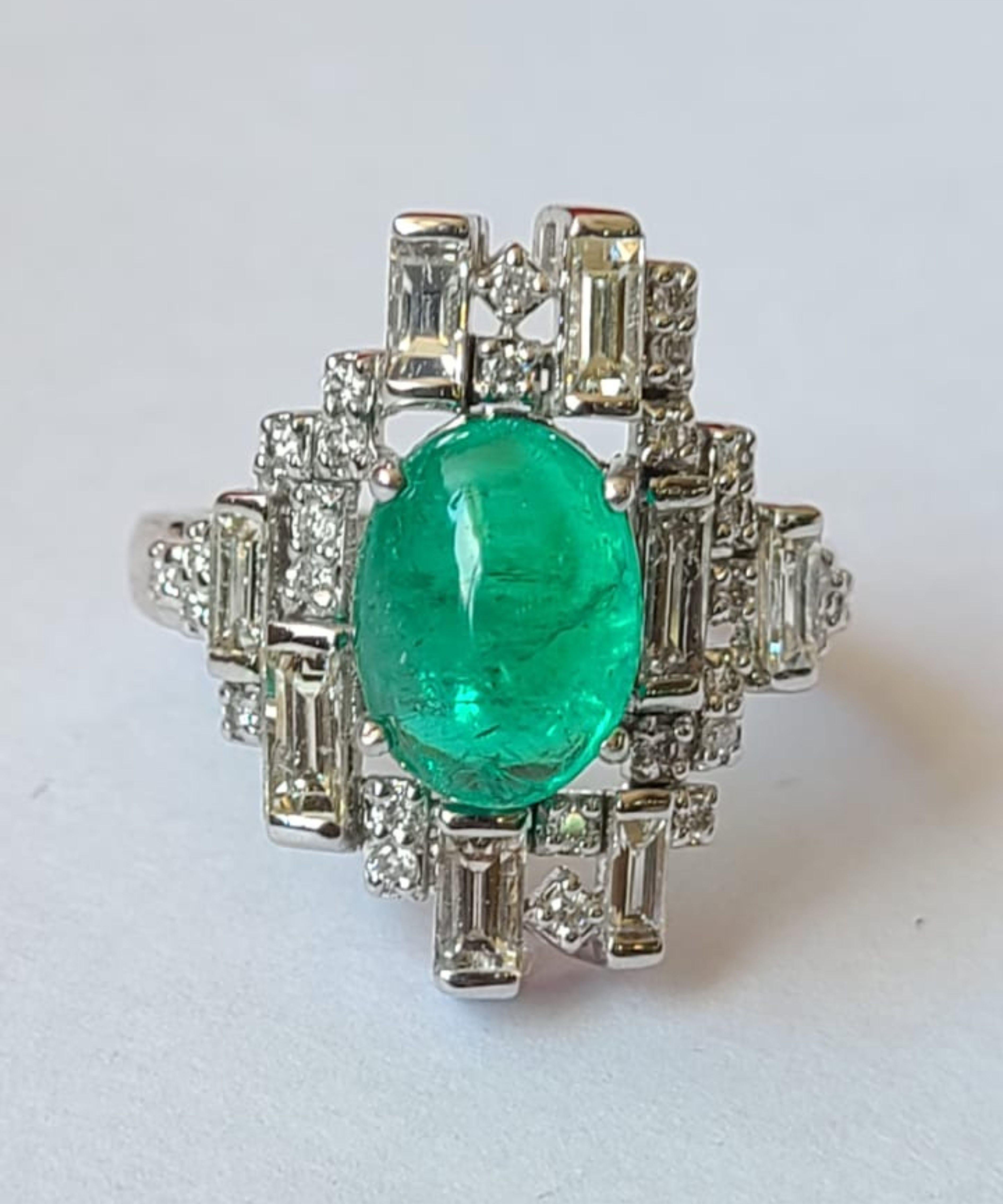  2.61carats natural Columbian Emerald & Diamonds, Art-Deco Style Engagement Ring 1