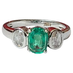 Set in 18K White Gold, Emerald & Rose Cut Diamonds Engagement / Wedding Ring