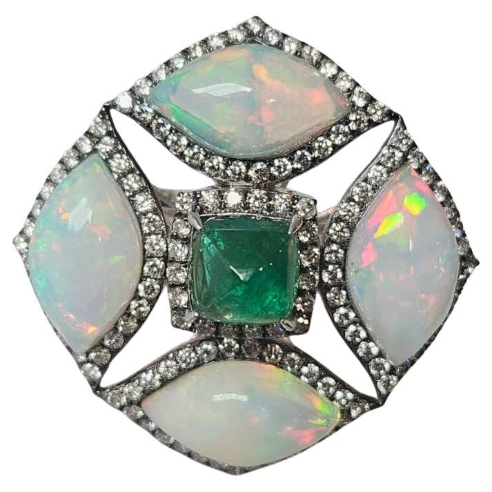 Set in 18K white Gold, Emerald Sugarloaf, Ethiopian Opal & Diamond Cocktail Ring