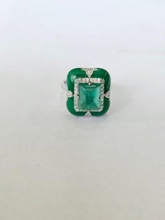 Set in 18K white Gold, Emerald Sugarloaf, Green Enamel & Diamond Engagement Ring
