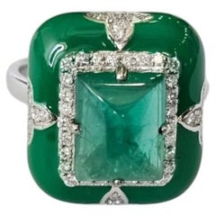 Set in 18K white Gold, Emerald Sugarloaf, Green Enamel & Diamond Engagement Ring