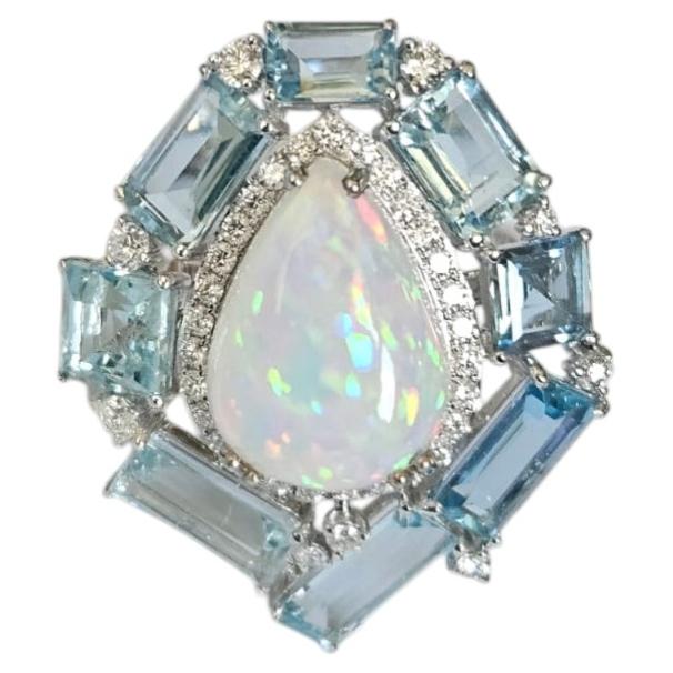 Bague d'opale éthiopienne, aigues-marines et diamants en or blanc 18 carats, dôme de cocktail