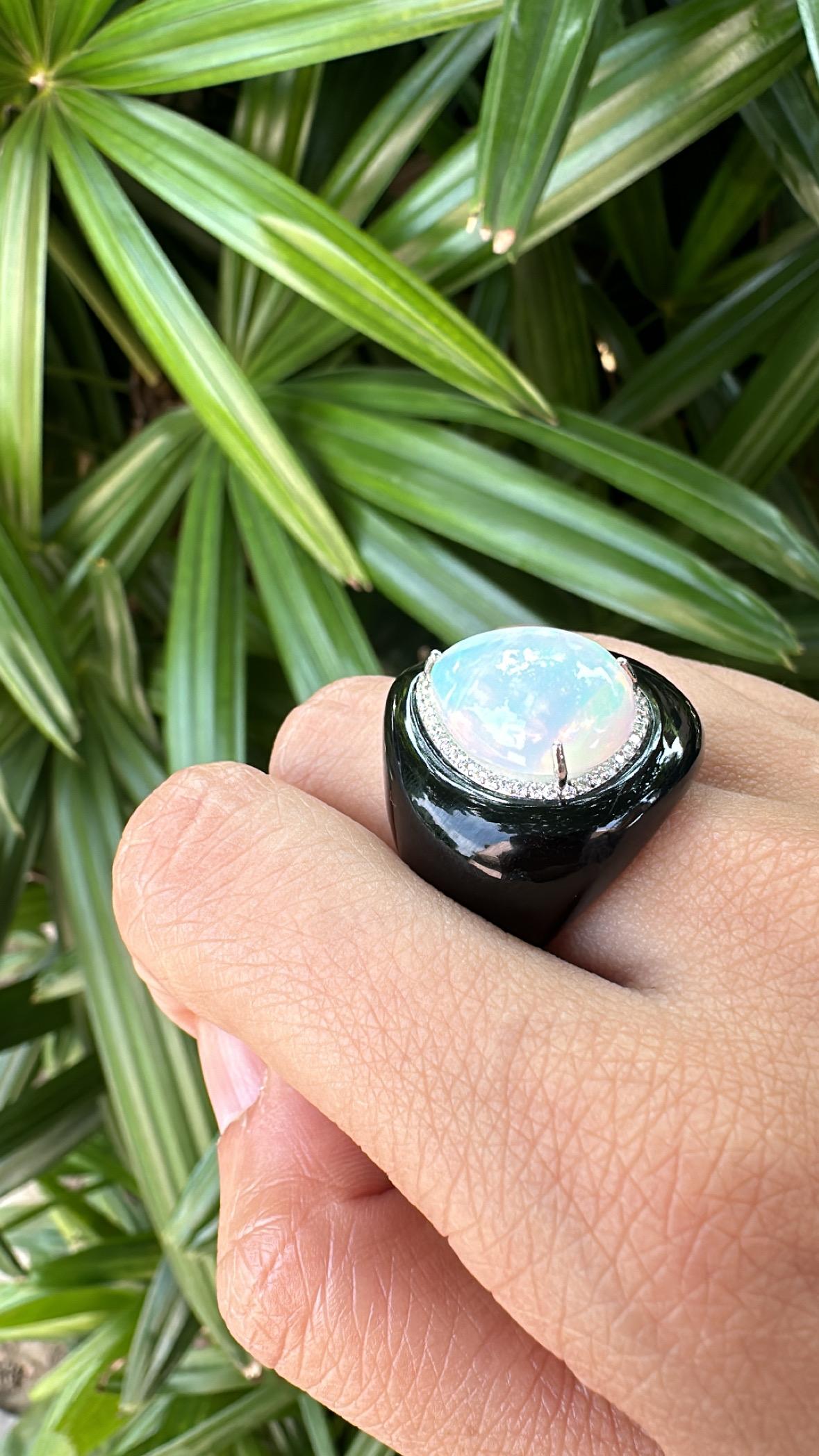 Set in 18K White Gold, Ethiopian Opal, Black Onyx & Diamonds Cocktail Dome Ring 4