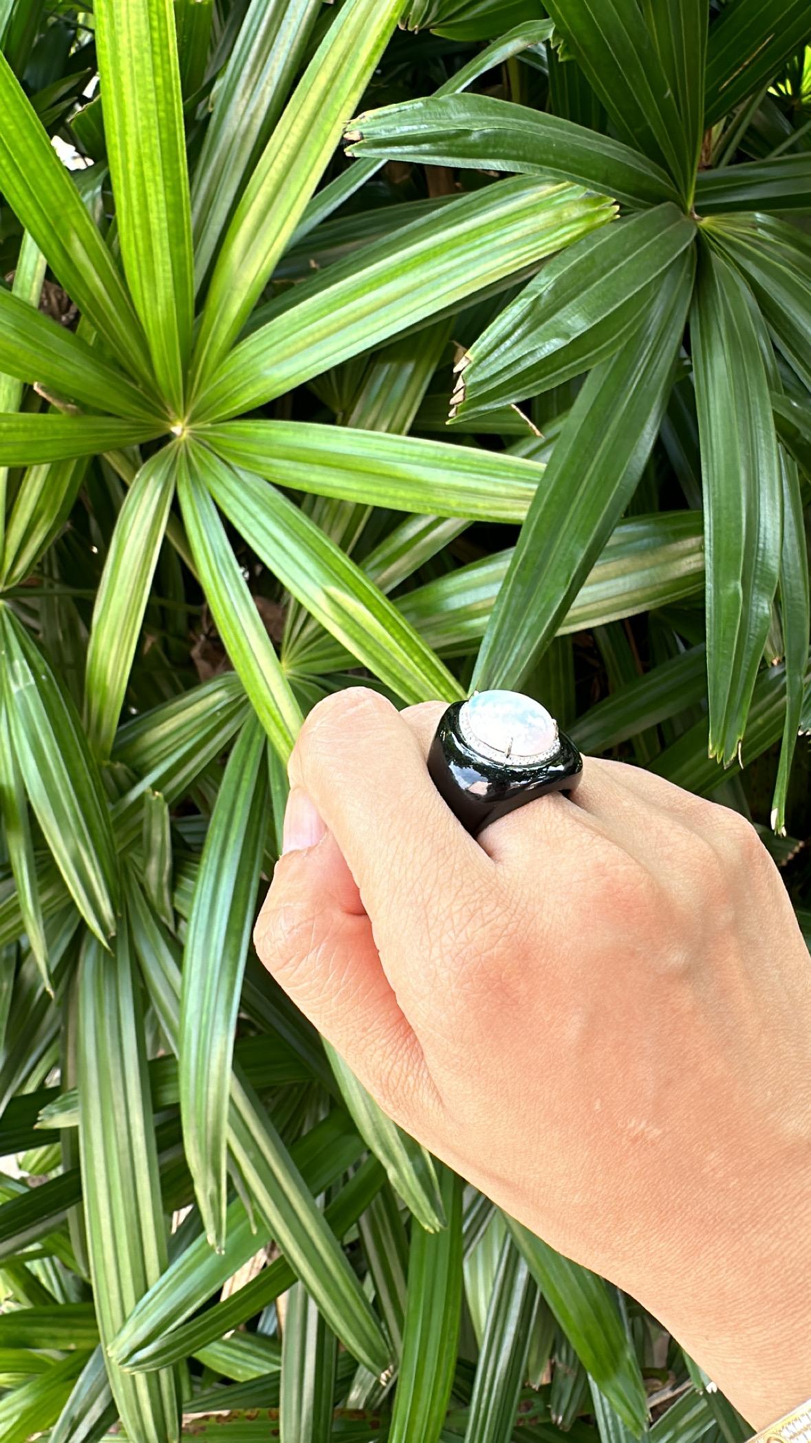 Set in 18K White Gold, Ethiopian Opal, Black Onyx & Diamonds Cocktail Dome Ring 5