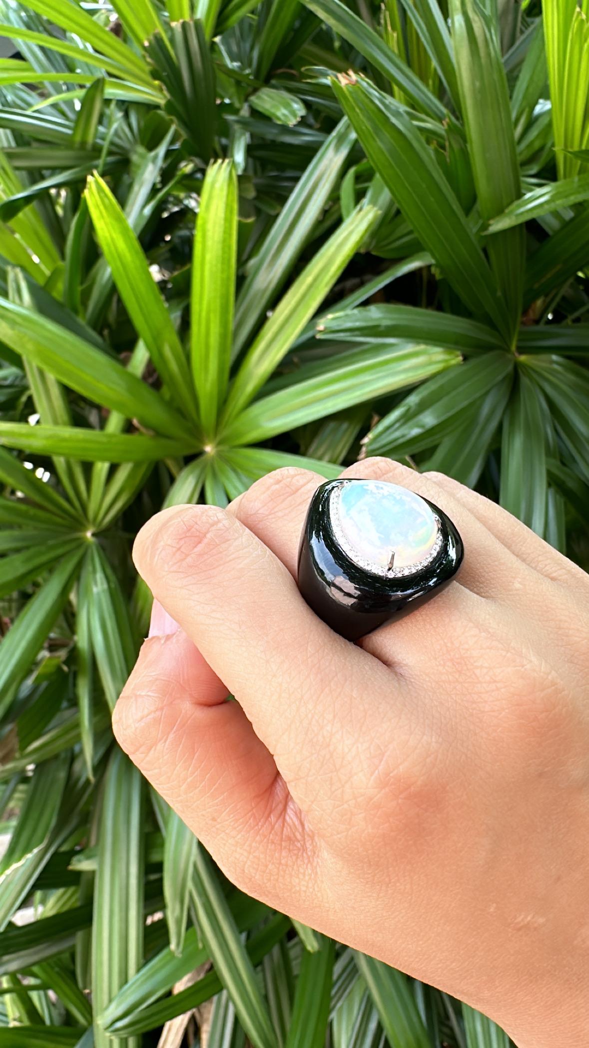 Set in 18K White Gold, Ethiopian Opal, Black Onyx & Diamonds Cocktail Dome Ring 6