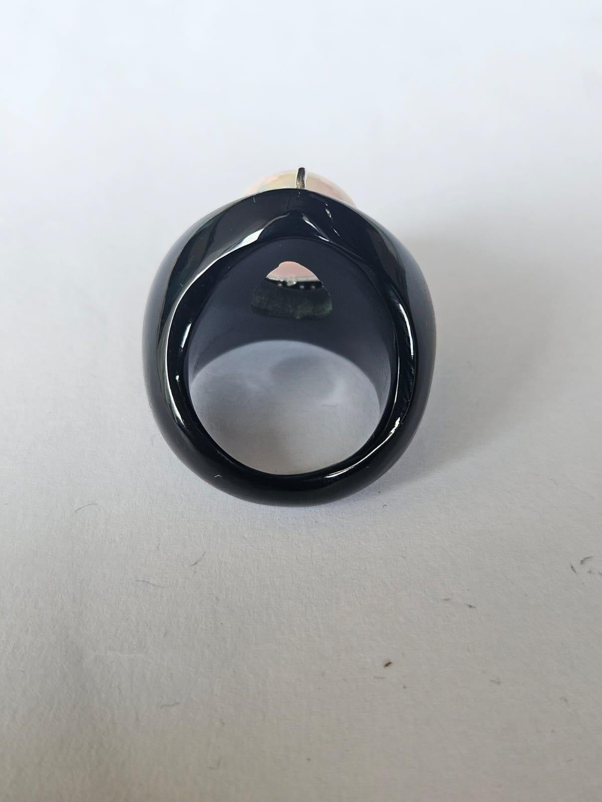 Art Deco Set in 18K White Gold, Ethiopian Opal, Black Onyx & Diamonds Cocktail Dome Ring