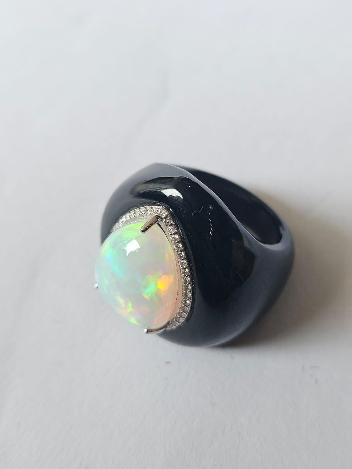 Cabochon Set in 18K White Gold, Ethiopian Opal, Black Onyx & Diamonds Cocktail Dome Ring