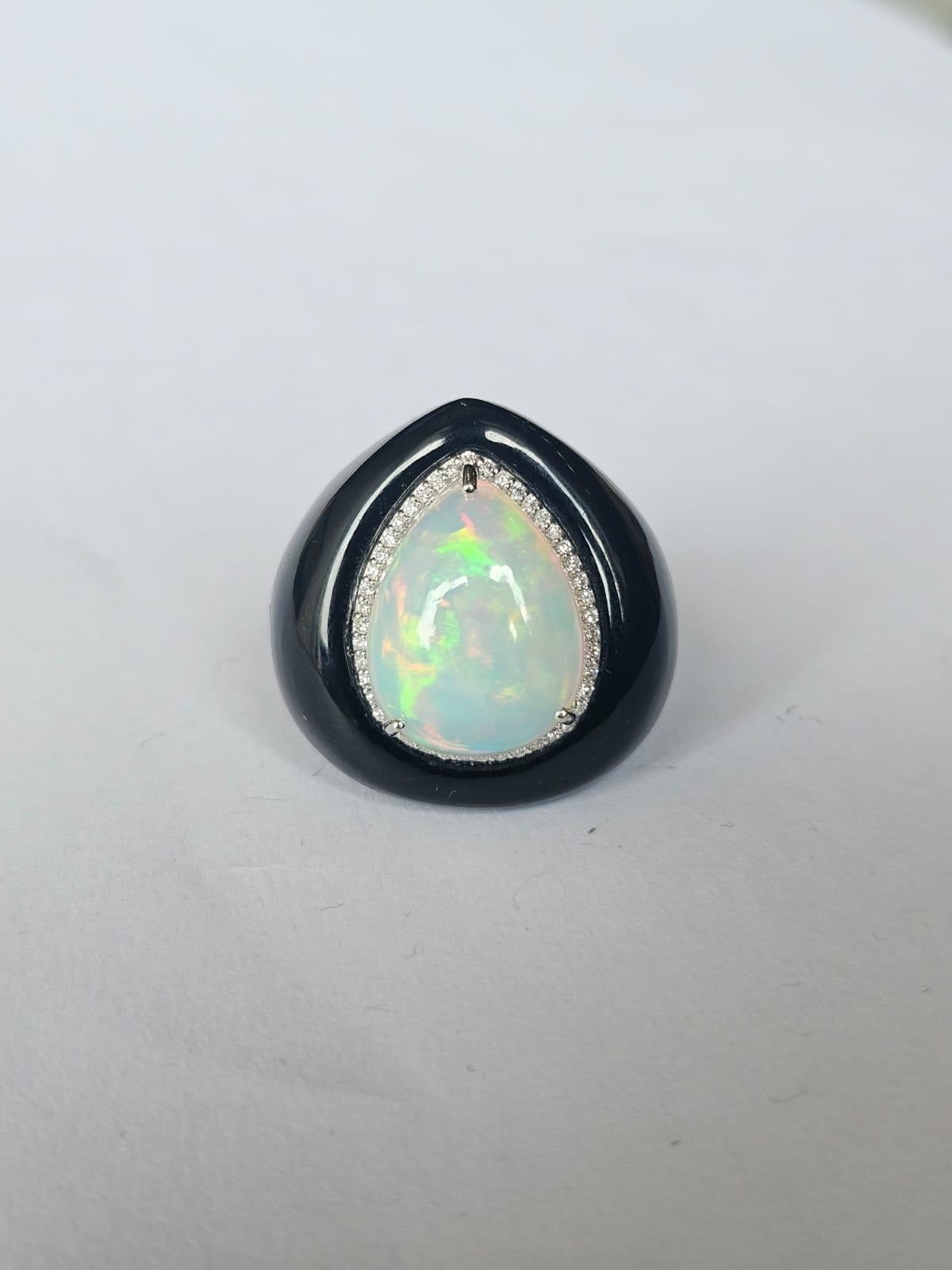 Set in 18K White Gold, Ethiopian Opal, Black Onyx & Diamonds Cocktail Dome Ring In New Condition In Hong Kong, HK