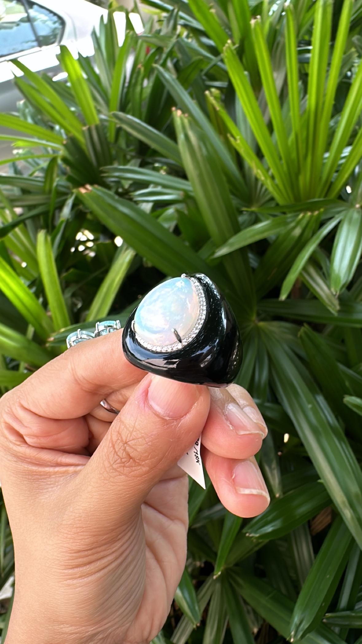 Women's or Men's Set in 18K White Gold, Ethiopian Opal, Black Onyx & Diamonds Cocktail Dome Ring