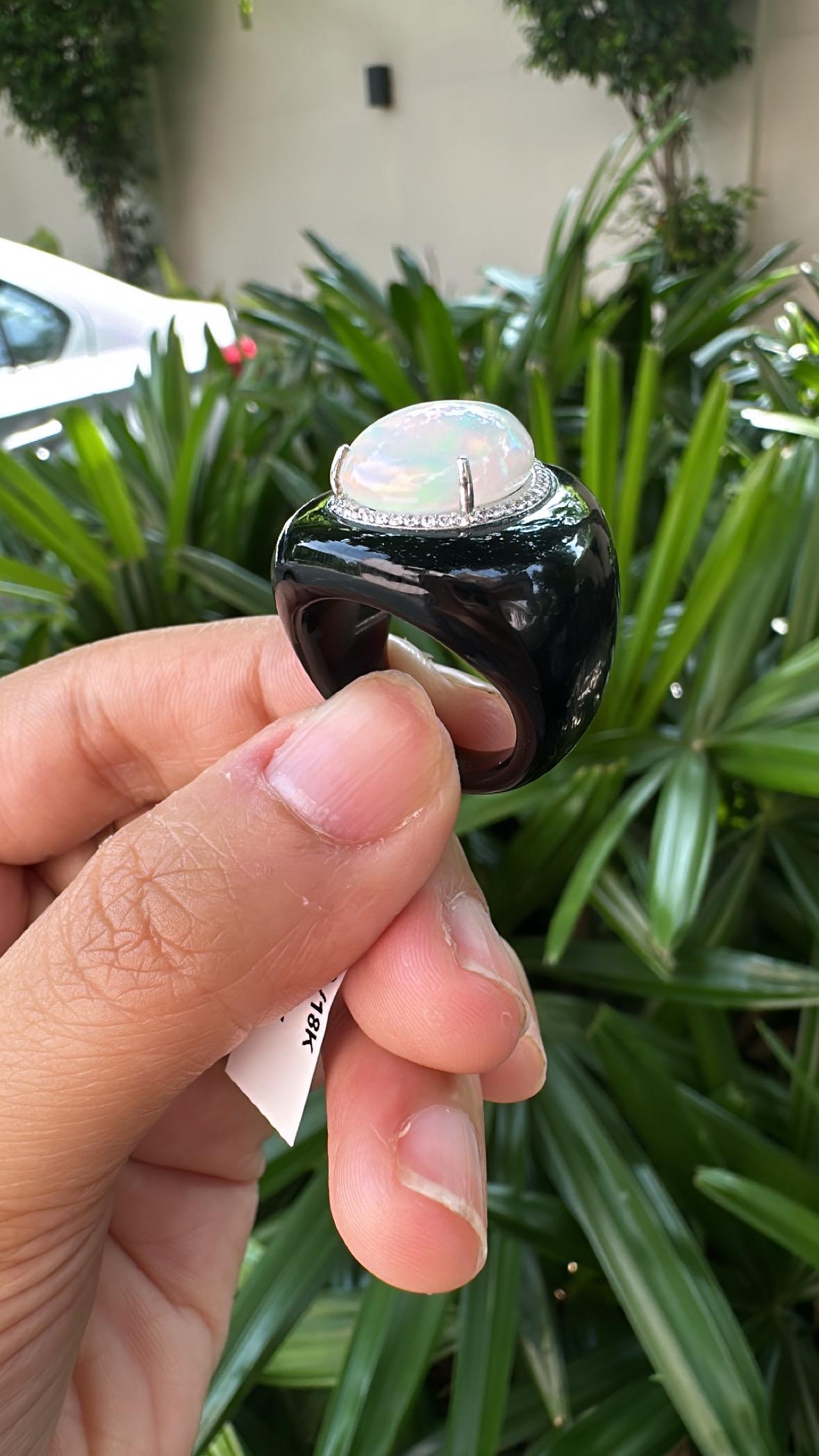 Set in 18K White Gold, Ethiopian Opal, Black Onyx & Diamonds Cocktail Dome Ring 1