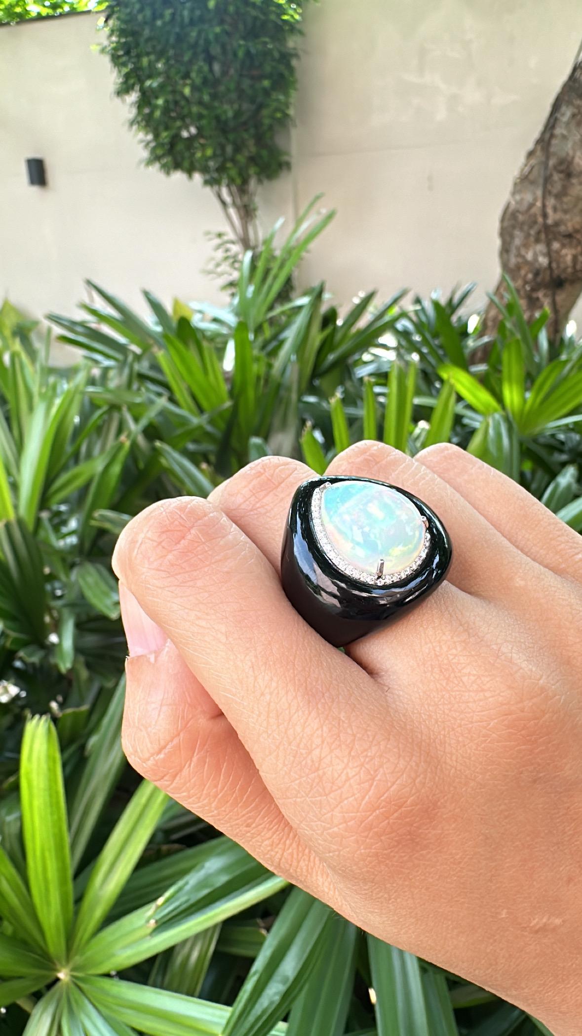 Set in 18K White Gold, Ethiopian Opal, Black Onyx & Diamonds Cocktail Dome Ring 2