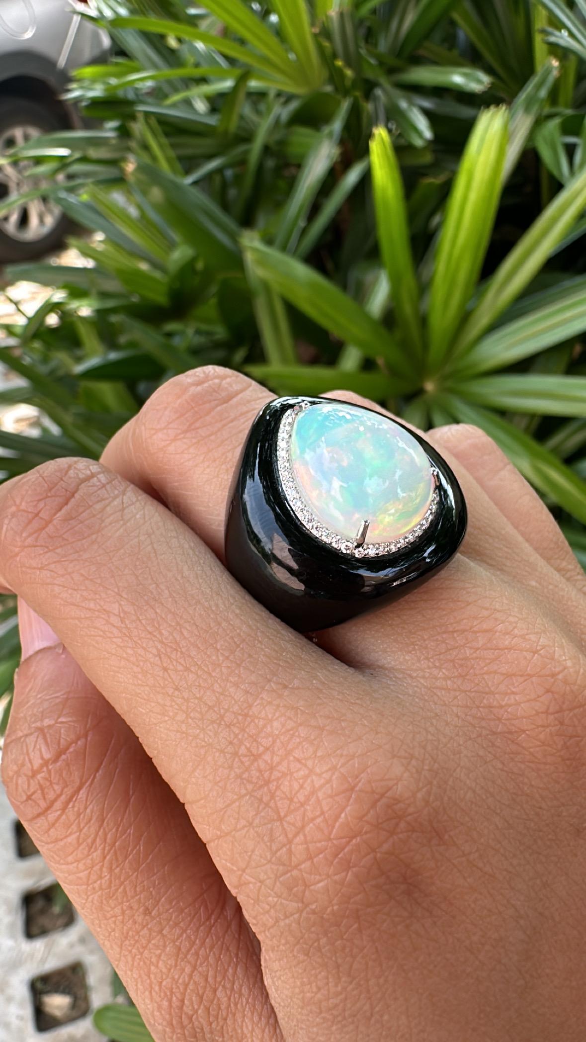 Set in 18K White Gold, Ethiopian Opal, Black Onyx & Diamonds Cocktail Dome Ring 3