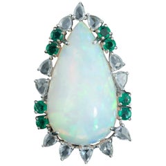Set in 18K White Gold Ethiopian Opal Emerald and Rose Cut Diamonds Cocktail Ring