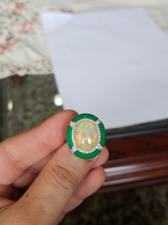 Set in 18K white Gold, Ethiopian Opal, Green Enamel & Diamond Dome Cocktail Ring