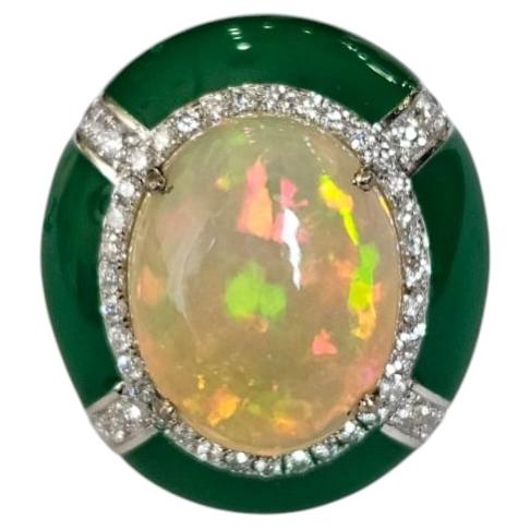 Set in 18K white Gold, Ethiopian Opal, Green Enamel & Diamond Dome Cocktail Ring