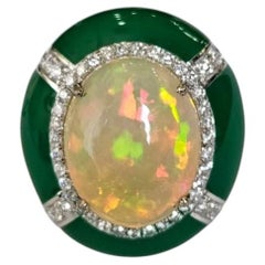 Set in 18K white Gold, Ethiopian Opal, Green Enamel & Diamond Dome Cocktail Ring