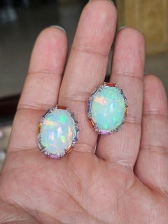 Set in 18K white Gold, Ethiopian Opal, Multi Sapphires & Diamonds Stud Earrings
