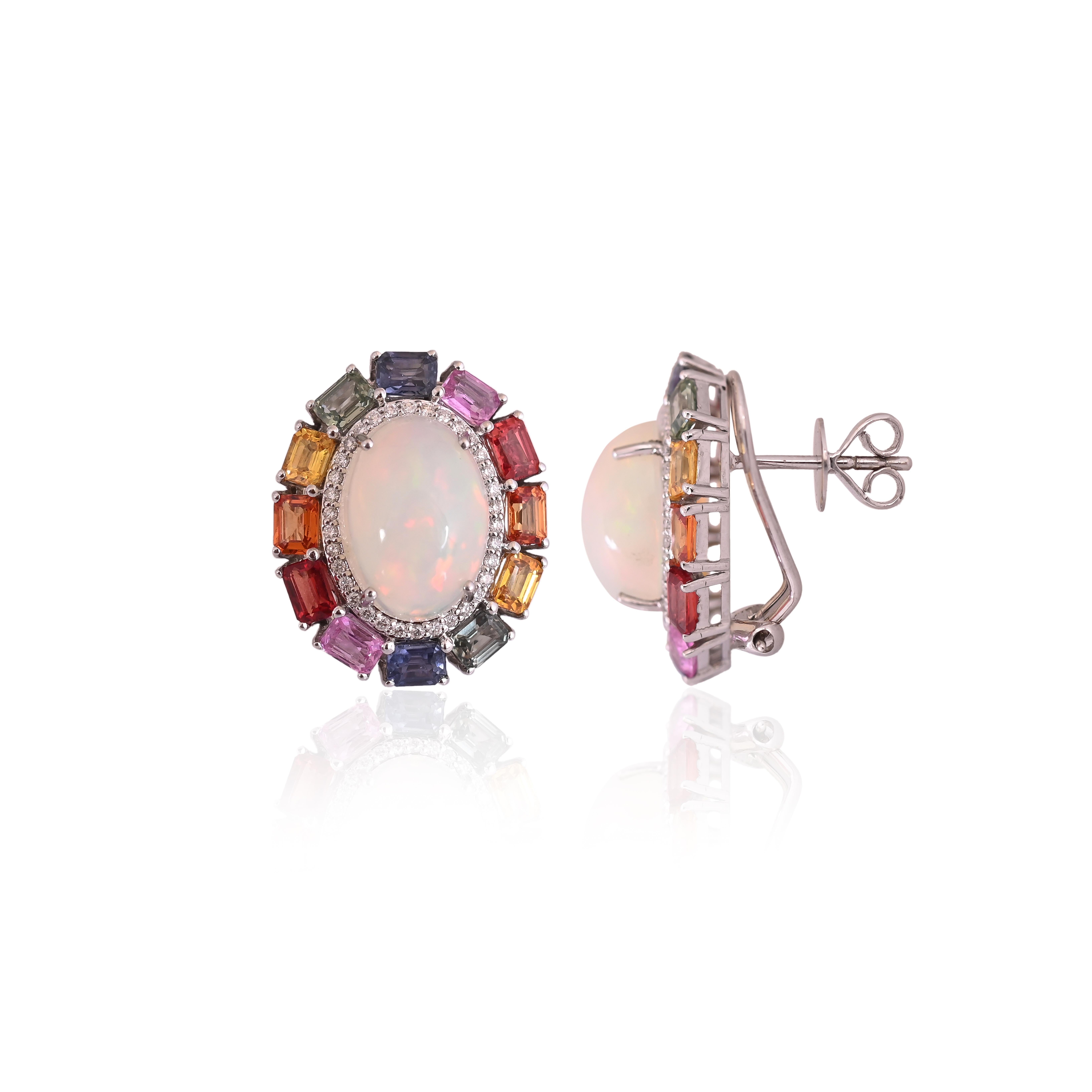 Modern Set in 18K White Gold, Ethiopian Opal, Multi Sapphires & Diamonds Stud Earrings For Sale